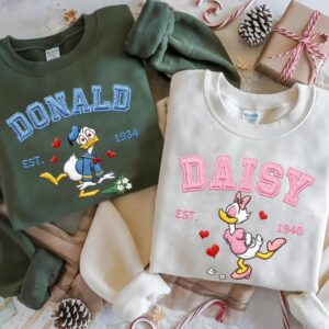 Embroidered Donald And Daisy Duck Couple Sweatshirt, Matching Valentine Disney Crewneck, Romantic Cartoon Duck Shirt