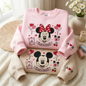 Embroidered Mickey Minnie Valentines Sweatshirt, Embroidered Disney Couple Holiday Sweater