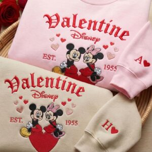 Embroidered Mickey Minnie Valentines Sweatshirt, Embroidered Disney Couple Holiday Sweater