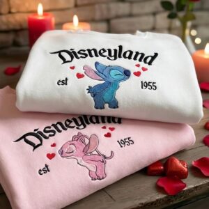 Romantic Couple Stitch & Angel Disney Matching Couple Sweatshirt, Magical Land Valentine Embroidered Hoodie