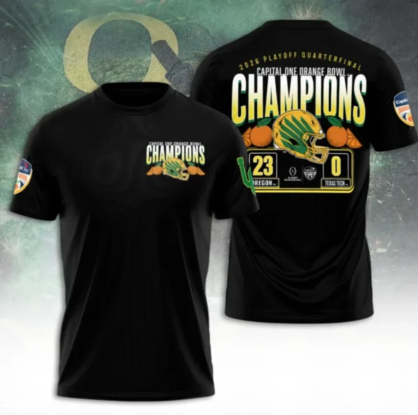 Oregon Duck 2026 Orange Bowl Champions 3D Black T-Shirt