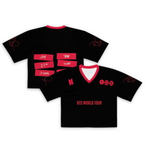 BTS Football Crop Top Jersey, Black & Red K-Pop Fan Shirt, BTS World Tour Style, ARMY Outfit