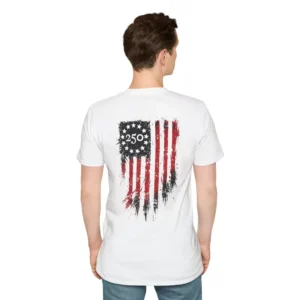 250th Anniversary Distressed American Flag TShirt, Revolutionary Soldier Graphic, America 250 Patriotic TShirt, 2 side Tshirt