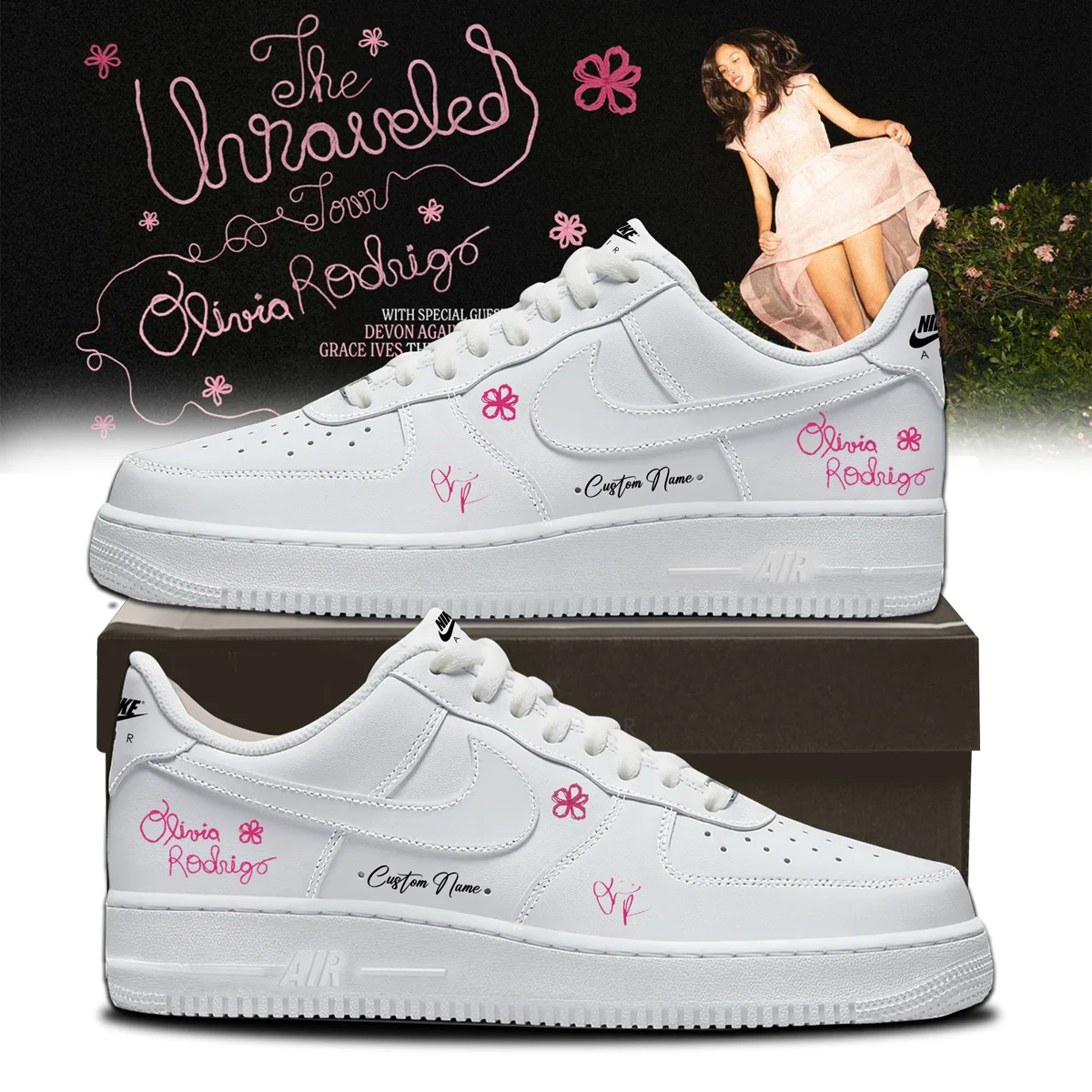 Olivia Rodrigo The Unraveled Tour Signed Custom Air Force 1 & Jordan 1 Shoes - Variant 5
