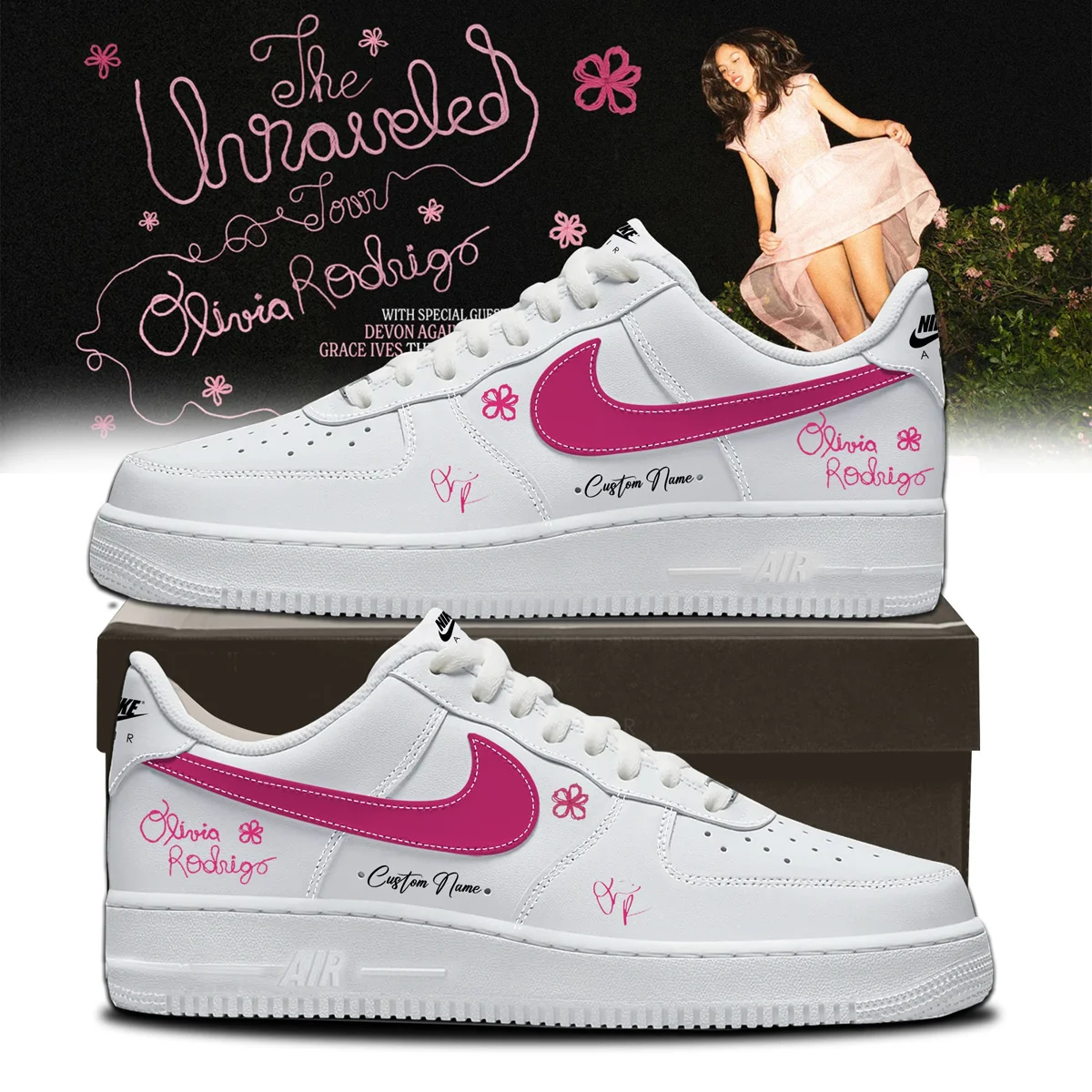 Olivia Rodrigo The Unraveled Tour Signed Custom Air Force 1 & Jordan 1 Shoes - Variant 8