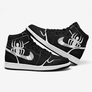 Spider Symbol High Top Sneakers, Black White Spider Inspired Shoes, Comic Style Basketball Shoes, Unisex Streetwear Footwear