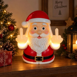 Funny Lighted Santa Figurine, Middle Finger Pose, Holiday Gag Gift (Tabletop/Wall Decor)
